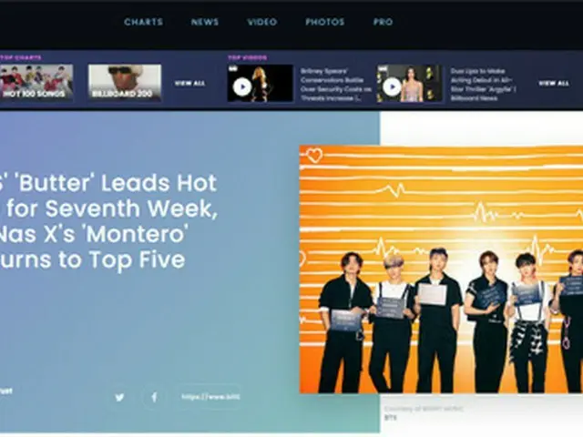 "BTS (방탄 소년단)」, 「Butter '이 미국 빌보드 HOT100에서 7 주 연속 1 위를. .