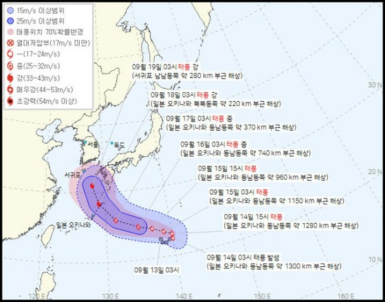 태풍 14호, 19일 제주도 접근 예상… 한반도를 북상 또는 규슈 상륙